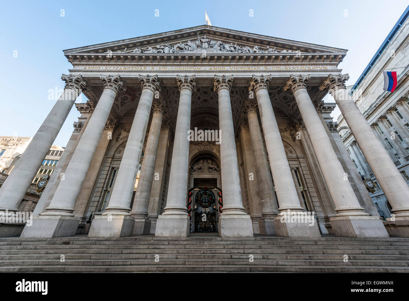 The Corinthian columns of the facade of the Royal Exchange in the City of London Stock Photo