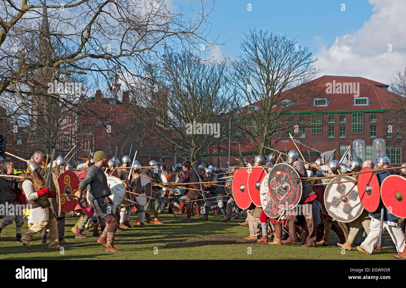 Fight battle between Vikings and Anglo Saxons at the Jorvik Viking