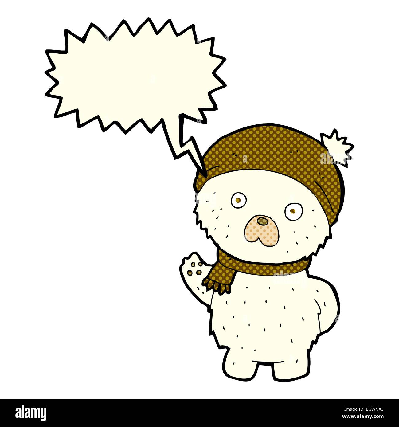 cartoon cute polar bear in winter hat and scarf with speech bubble ...