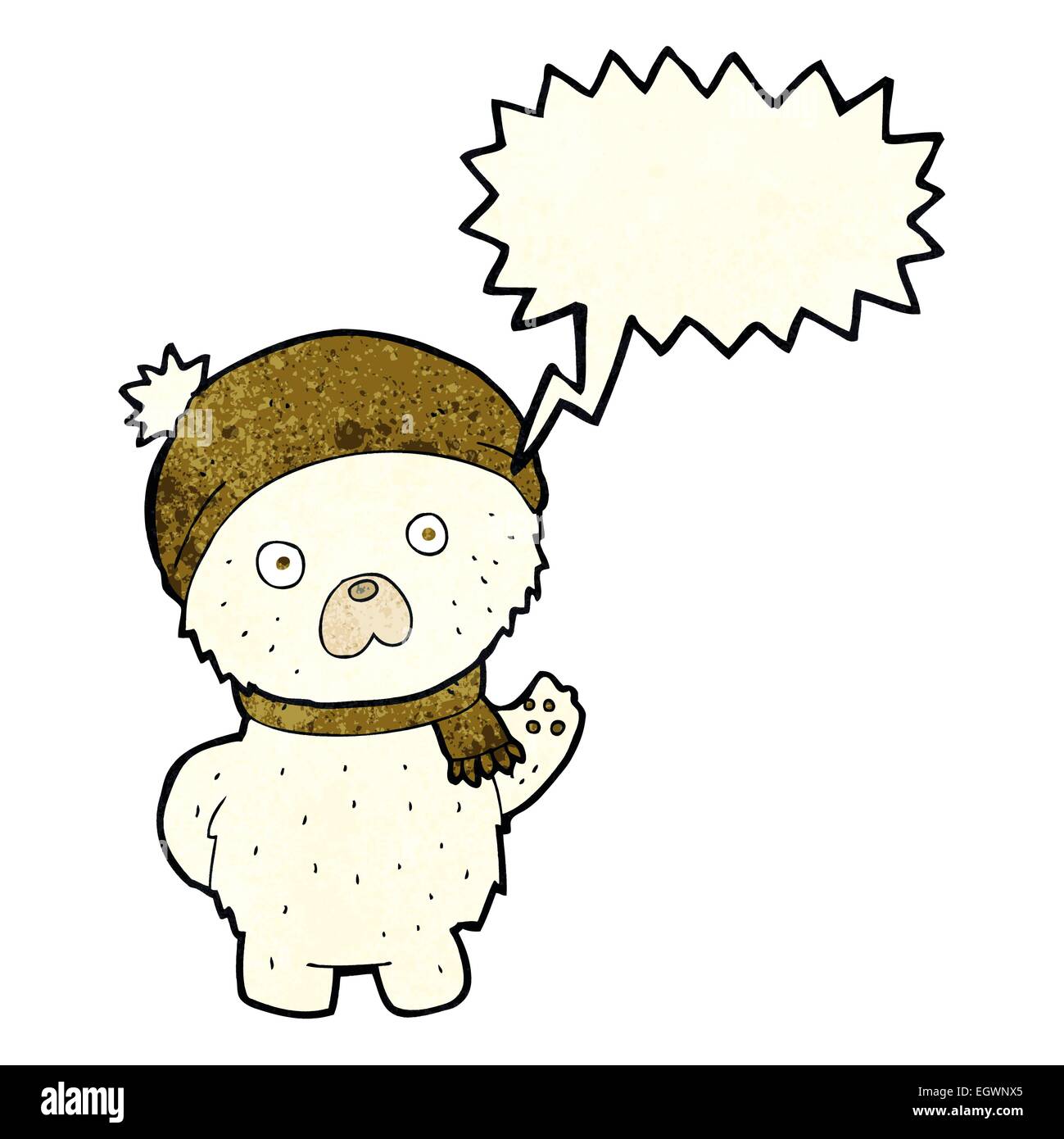cartoon cute polar bear in winter hat and scarf with speech bubble ...