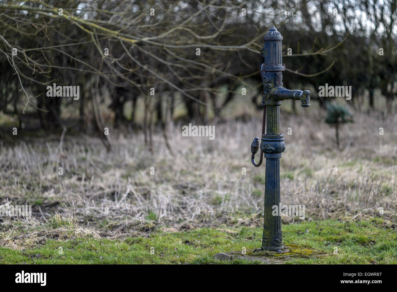 Old, hand-operated, reciprocating, positive displacement cast iron cast-iron water pump in a Yorkshire field. Stock Photo