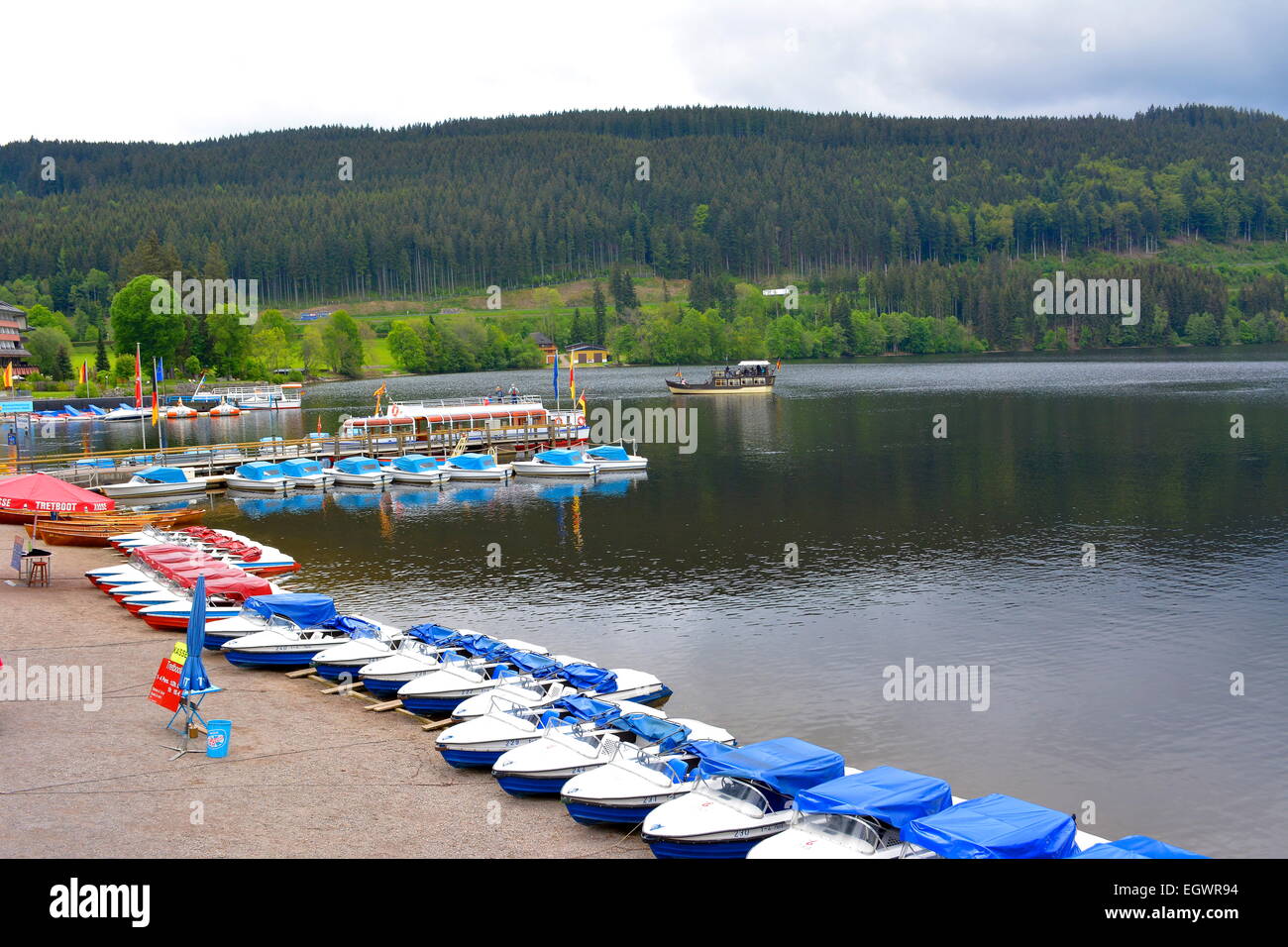 Black Forest, Baden-Wurttemberg, Black Forest, several boats at Titisee, Stock Photo
