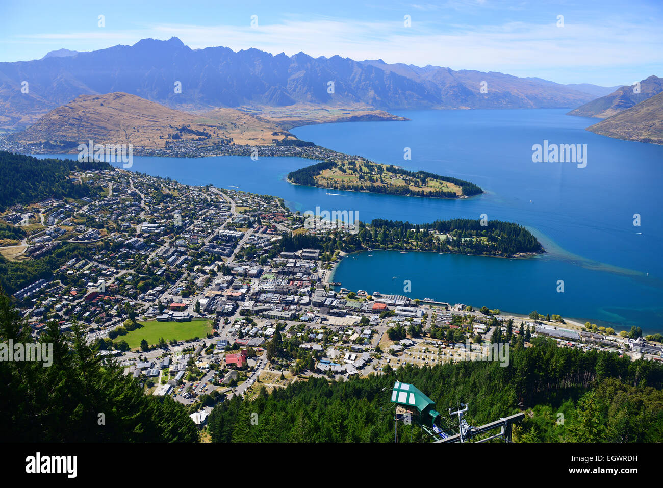 View of Queenstown, dubbed the Adventure Capital Of The World on the shores of Lake Wakatipu, Otago, South Island, New Zealand. Stock Photo