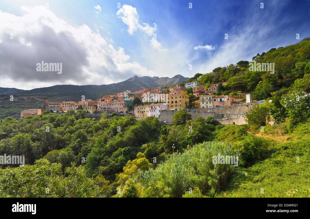 view of Marciana village in Elba Island, Tuscany, italy. On background