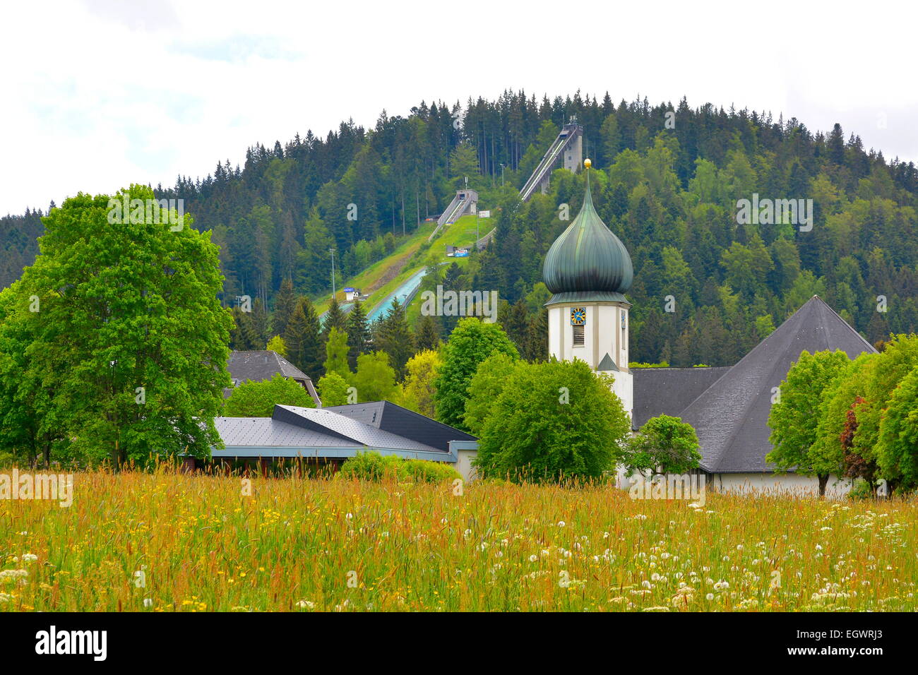 Black Forest, Baden-Wurttemberg, Black Forest, Hinterzarten, meadow with church and jump, Stock Photo