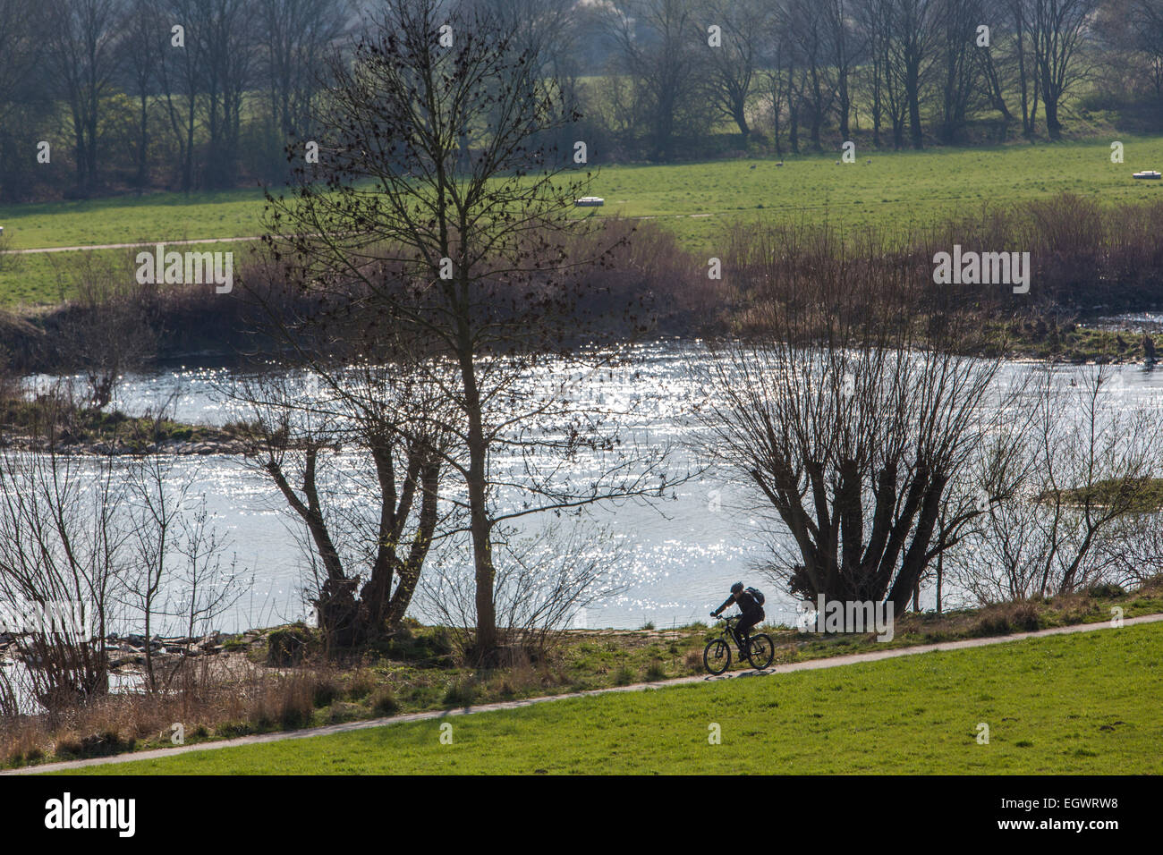 River Ruhr, bike path along the river, near Bochum, Germany, Stock Photo