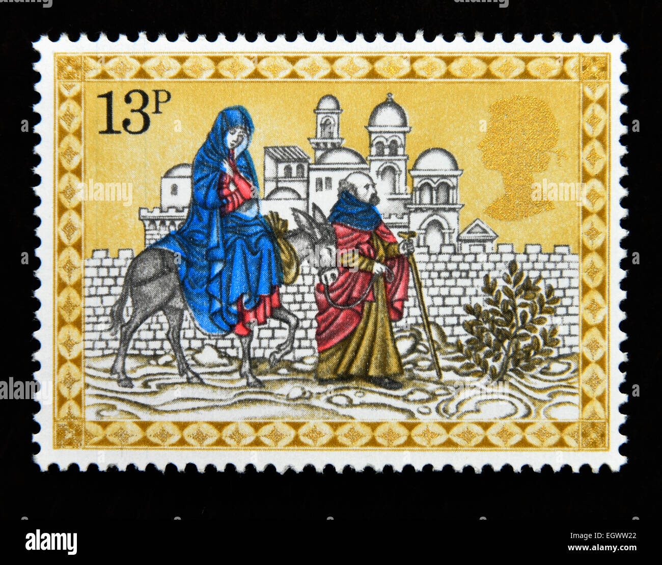 Postage stamp. Great Britain. Queen Elizabeth II. 1979. Christmas. Mary and Joseph travelling to Bethlehem. 13p. Stock Photo