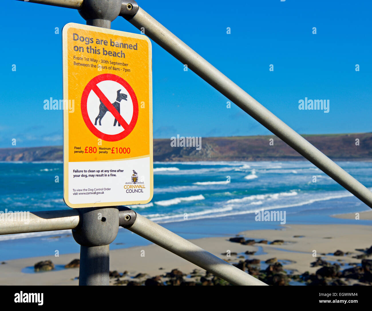 Sign dogs banned from beach at Sennen Cove, Cornwall, England UK