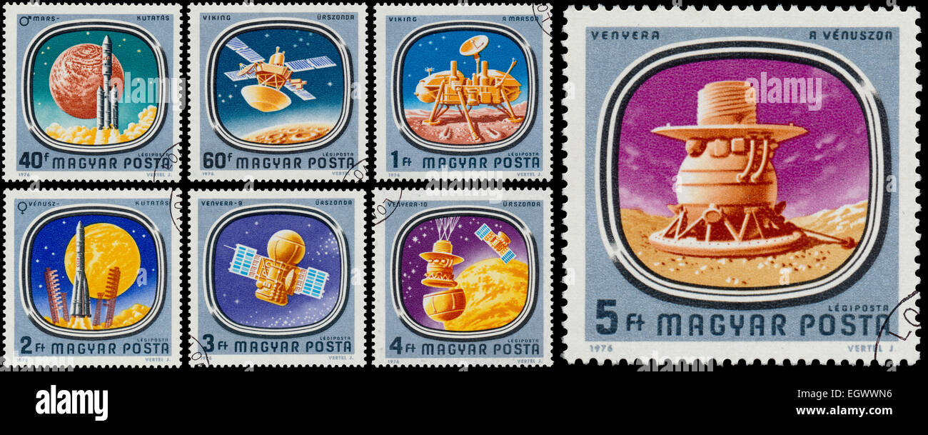 HUNGARY - CIRCA 1976: Stamps printed in Hungary shows Objects, with the same inscription, from the series 'Space Probes to Mars Stock Photo