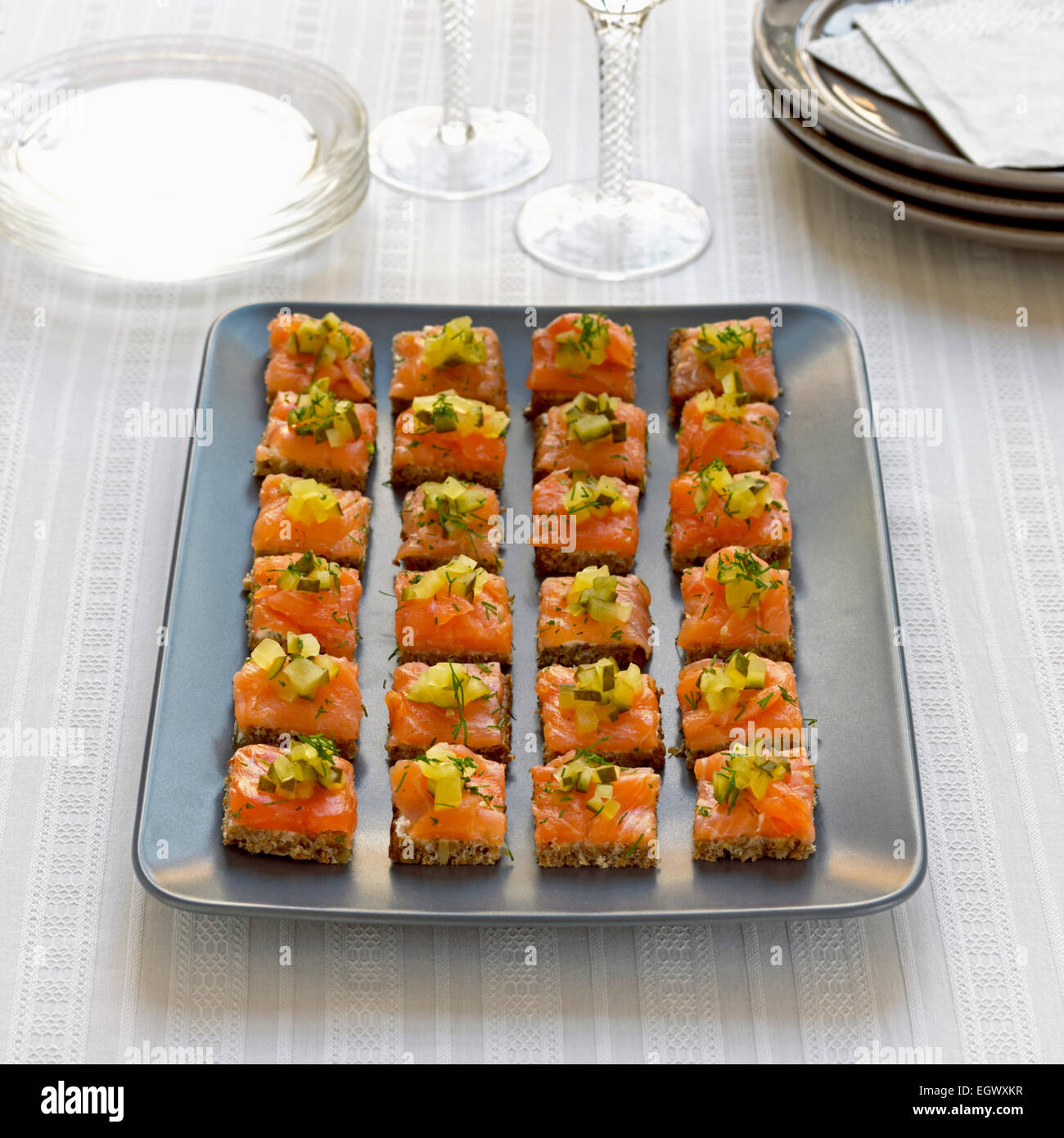 Salmon on rye canapes Stock Photo