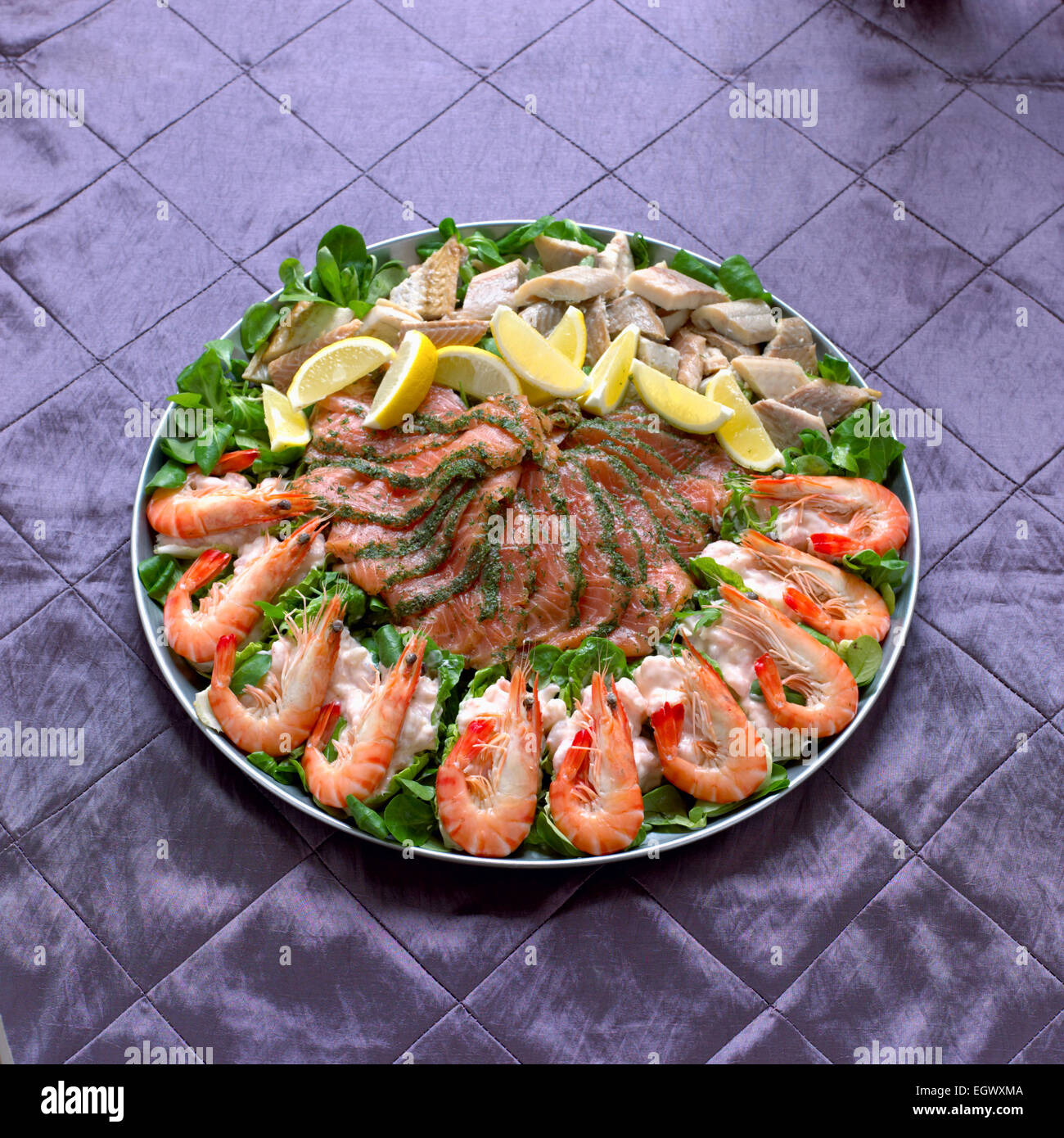 Fish and seafood platter, including gravadlax (salmon), prawn cocktail