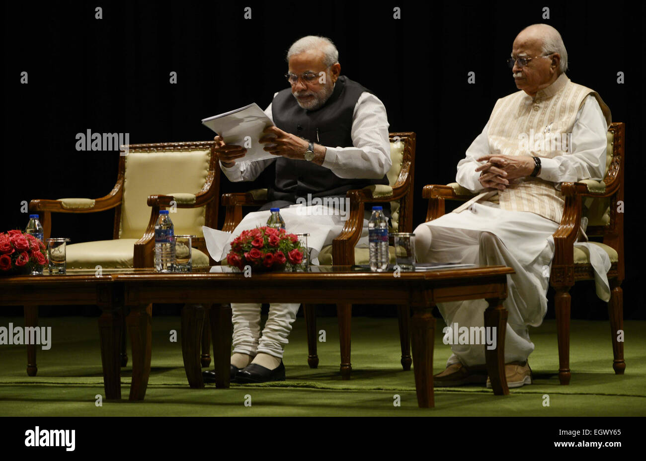 New Delhi. 3rd Mar, 2015. Indian Prime Minister Narendra Modi (L) and veteran Bhartiya Janta Party (BJP) leader L.K. Advani attend a meeting of the BJP parliamentary party at the Parliament Library in New Delhi, India, March 2, 2015. © Xinhua/Alamy Live News Stock Photo