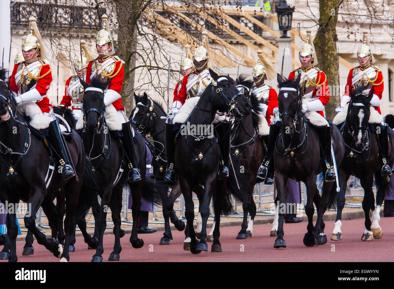London, UK. 3rd March, 2015. Mexican President Enrique Pena Nieto travels with Her Majesty The Queen and other members of the Royal Family by State Carriage along the Mall towards a luncheon at Buckingham Palace after a ceremonial welcome at Horseguards Parade. Credit:  Paul Davey/Alamy Live News Stock Photo