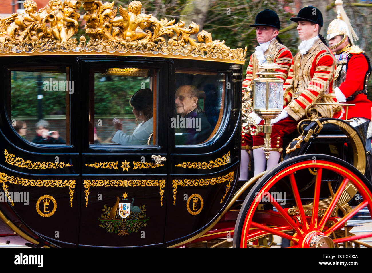 London, UK. 3rd March, 2015. Mexican President Enrique Pena Nieto travels with Her Majesty The Queen and other members of the Royal Family by State Carriage along the Mall towards a luncheon at Buckingham Palace after a ceremonial welcome at Horseguards Parade. PICTURED: The Duke of Edinburgh, Prince Philip. Credit:  Paul Davey/Alamy Live News Stock Photo