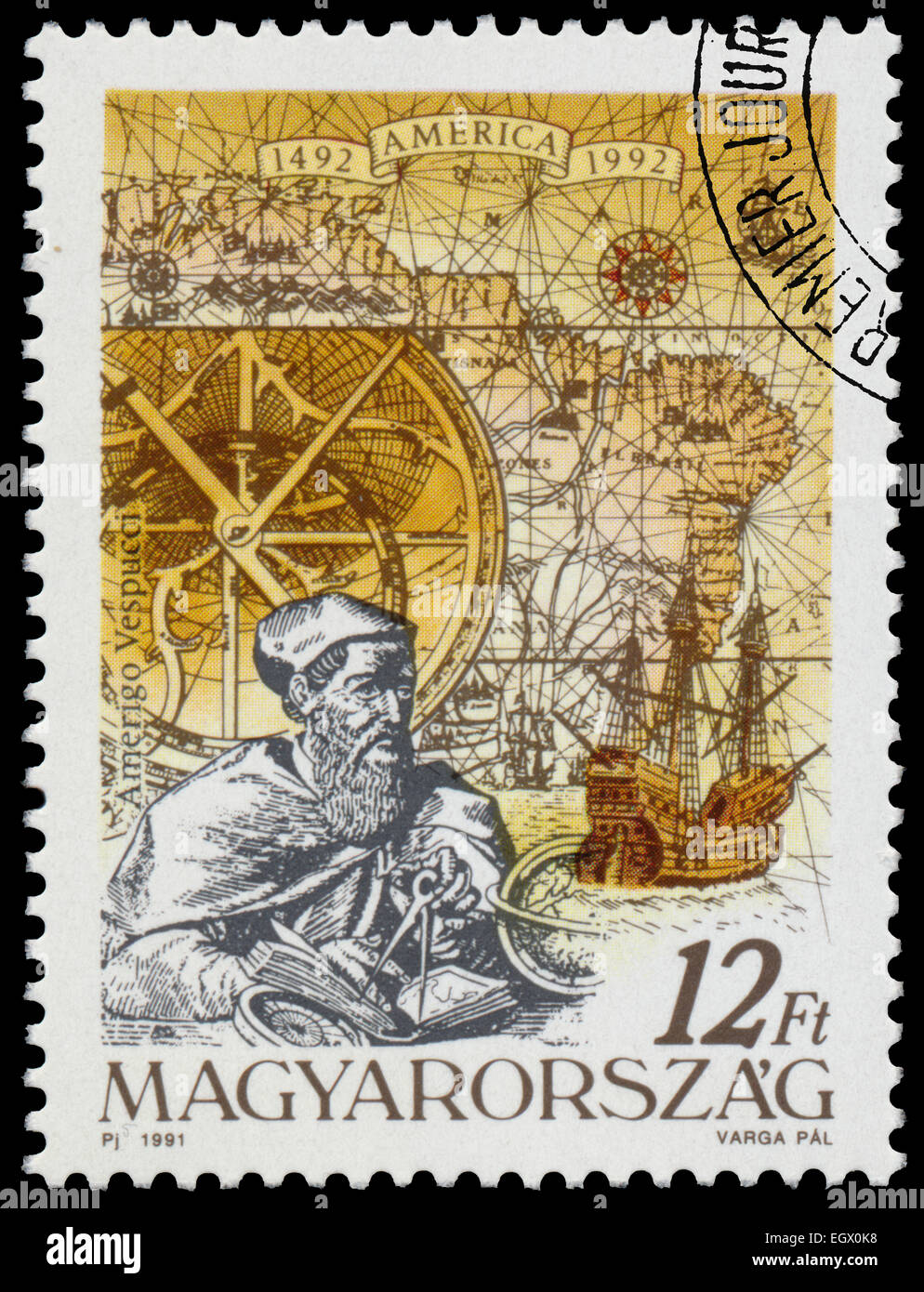 HUNGARY - CIRCA 1991: Stamp printed in Hungary from the  issue The 500th Anniversary of the Discovery of America shows Amerigo V Stock Photo