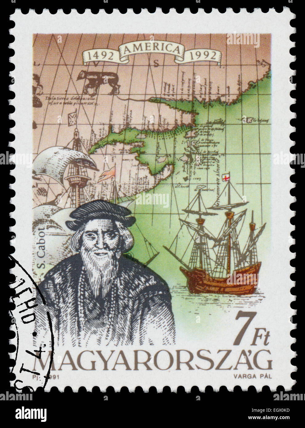 HUNGARY - CIRCA 1991: Stamp printed in Hungary from the  issue The 500th Anniversary of the Discovery of America showsS. Cabot,  Stock Photo