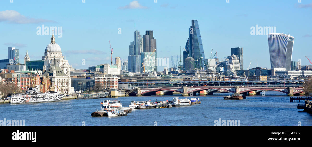 Panoramic City of London skyline & cheesegrater building (tallest middle) & walkie talkie building (far right) & Blackfriars station with solar panels Stock Photo