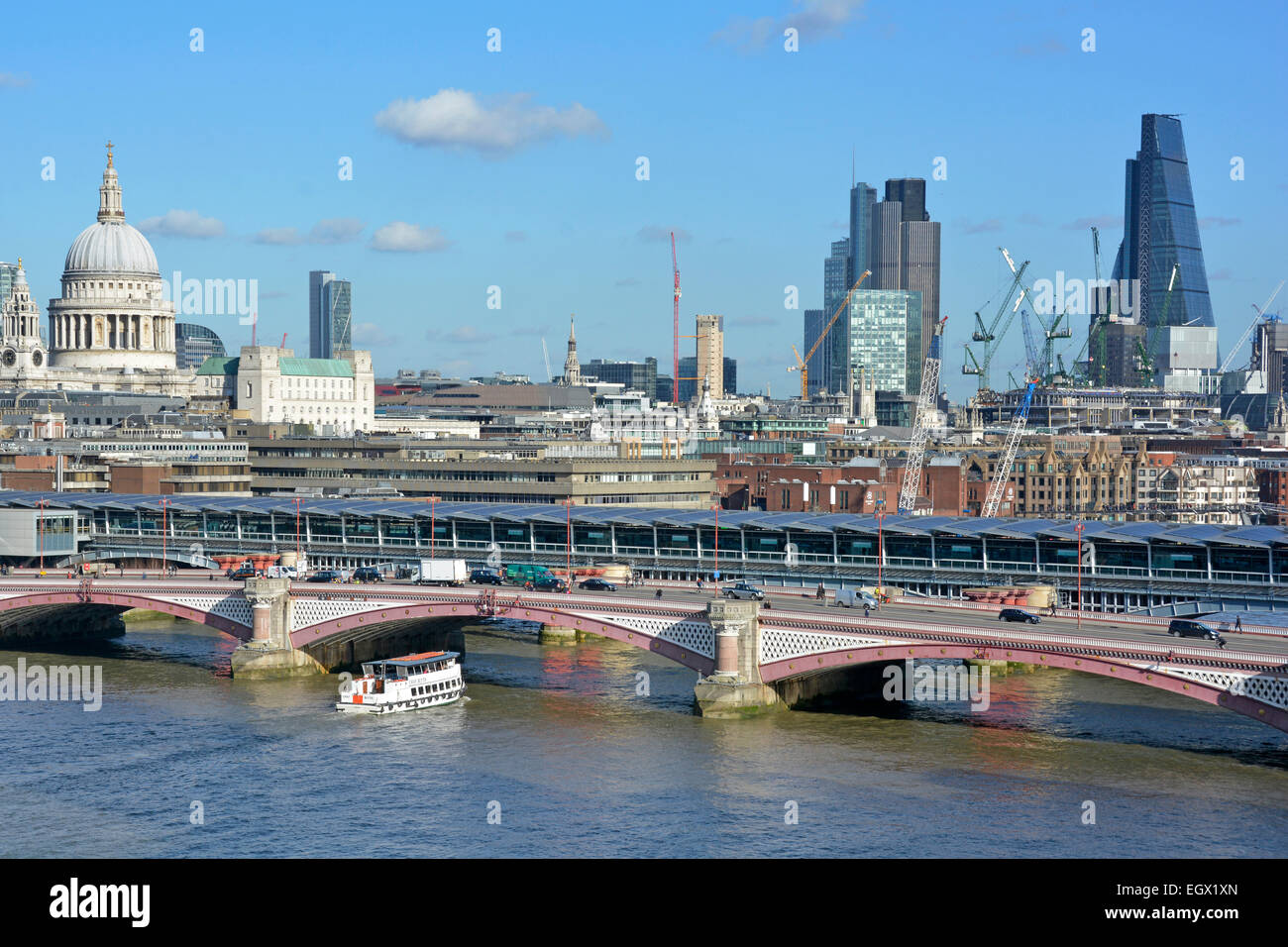 Blackfriars road Bridge & the solar panel roof of the new Blackfriars train station above the river Thames City of London beyond Stock Photo