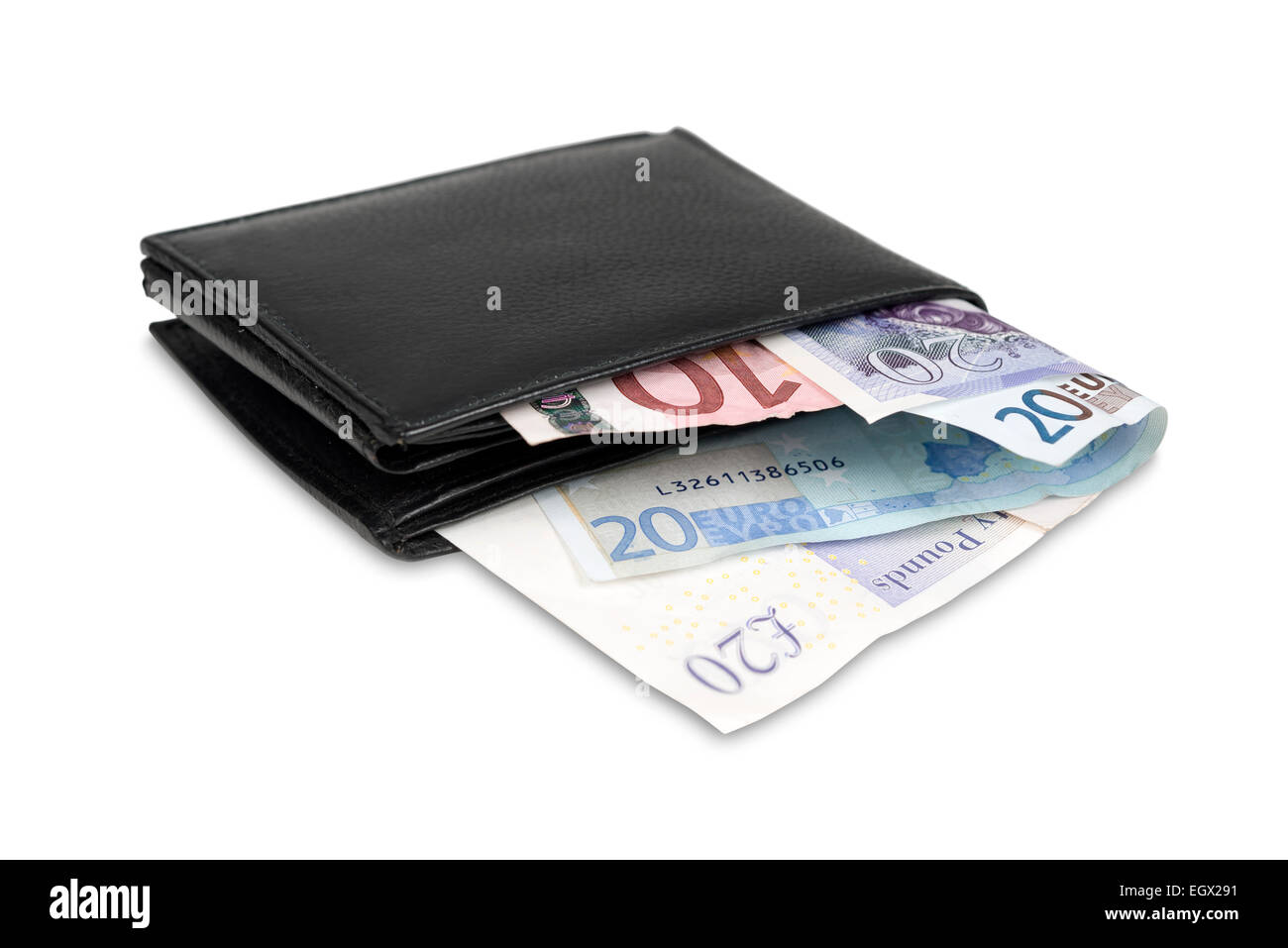 Wallet with euro and pound banknotes isolated over white with clipping path. Stock Photo