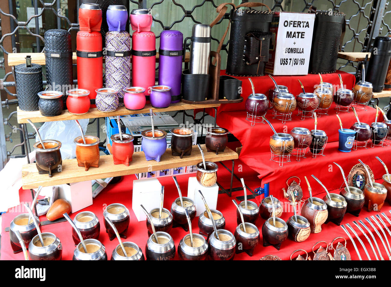 Montevideo Uruguay Old Town and mate cups. Stock Photo
