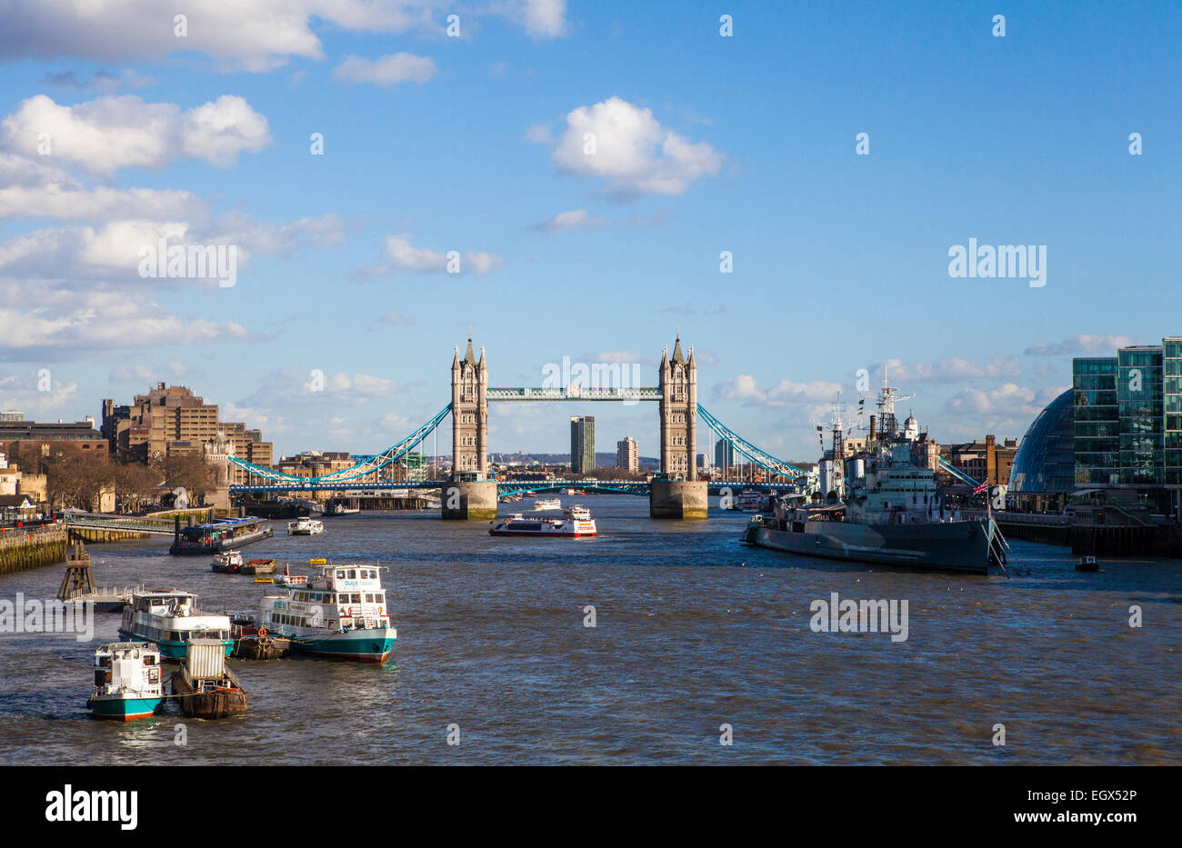 A view of Tower Bridge, the River Thames, HMS Belfast and City Hall in London. Stock Photo