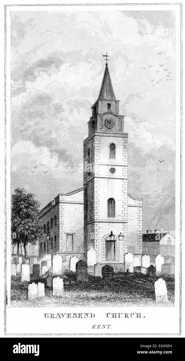 An engraving of Gravesend Church, Kent scanned at high resolution from a book printed around 1850. Stock Photo
