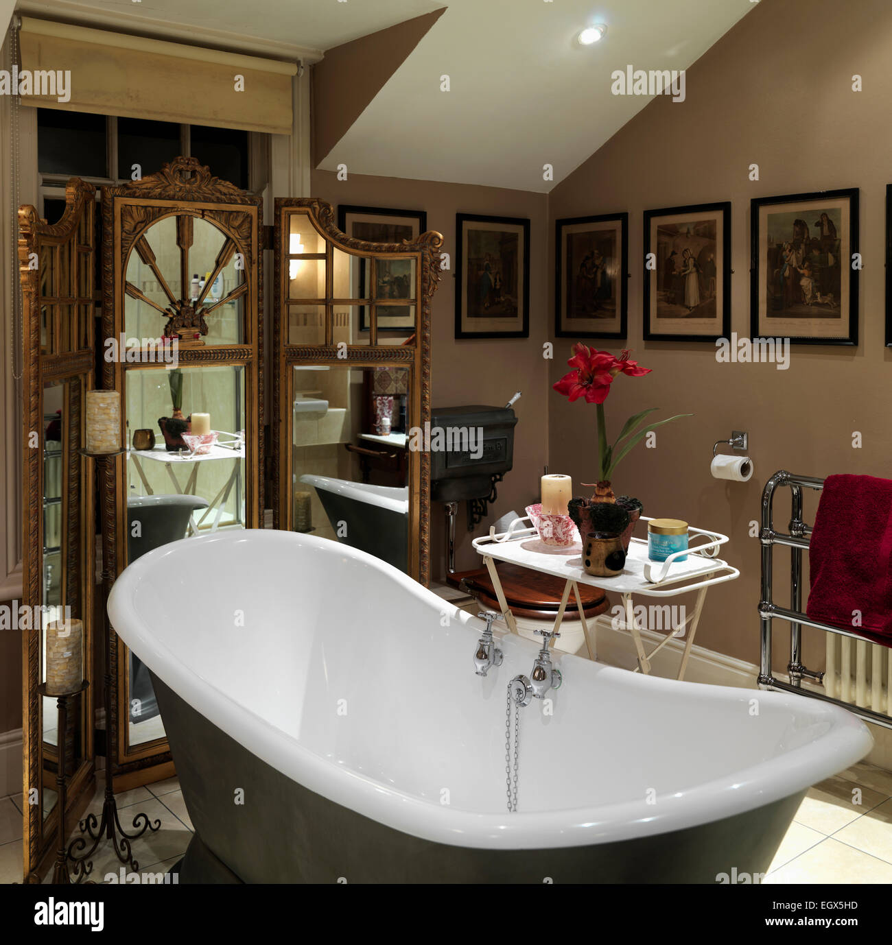 Freestanding bathtub in traditional bathroom, UK home Stock Photo Alamy