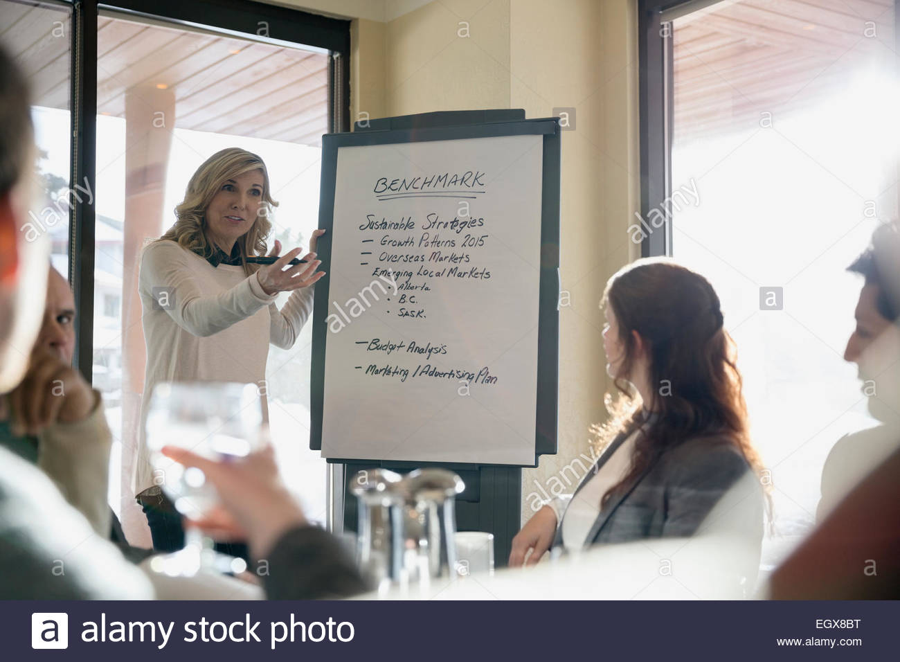 Businesswoman leading meeting at flipchart Stock Photo