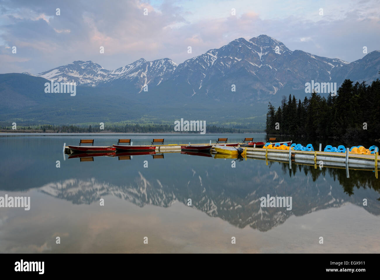 Reflections in Pyramid Lake with Pyramid Lake Resort boat docks, Jasper