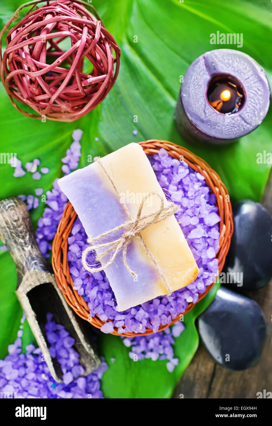 sea salt on a table, sea salt for bath Stock Photo Alamy