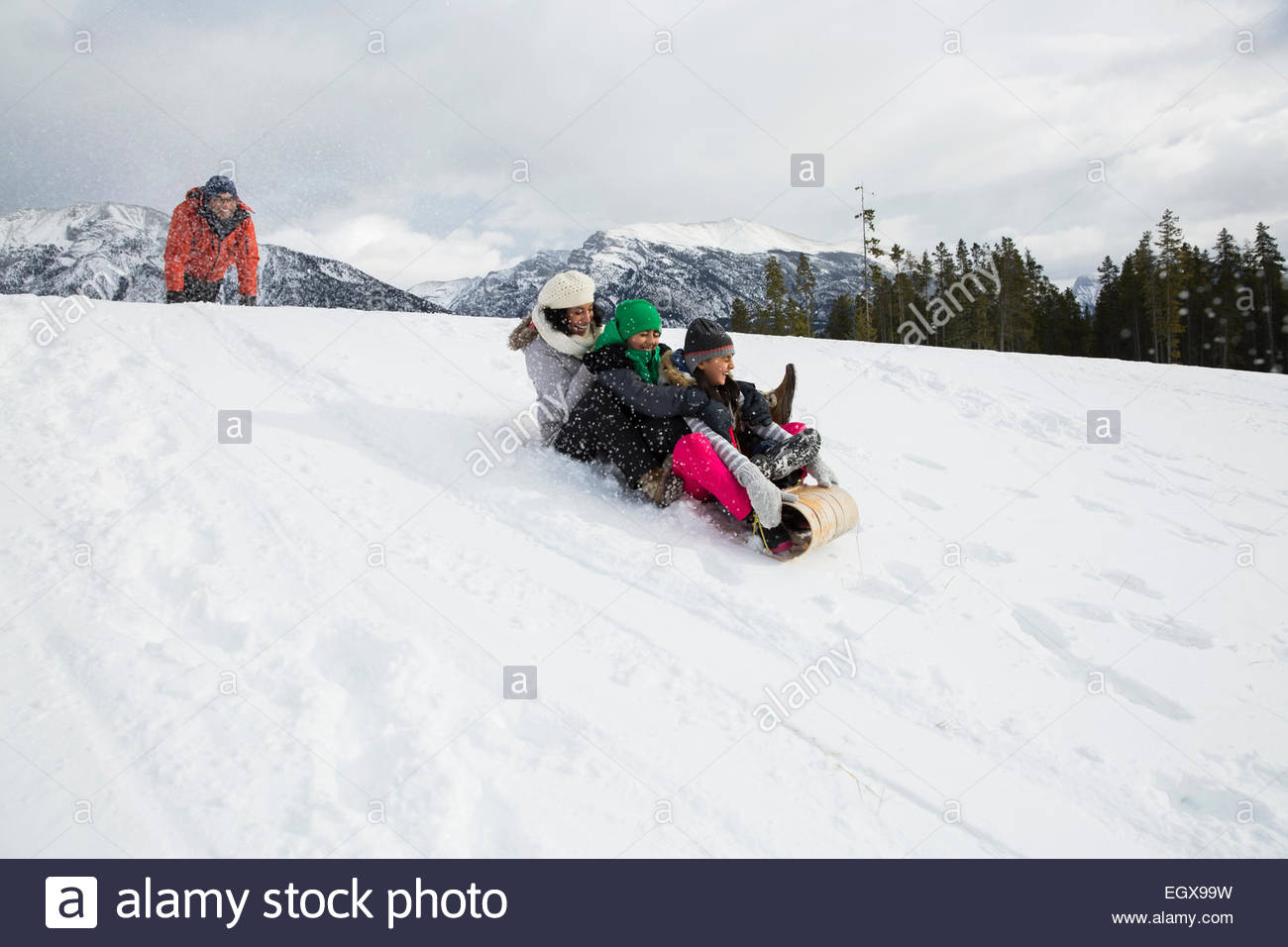 Family sledding down snowy hill Stock Photo Alamy