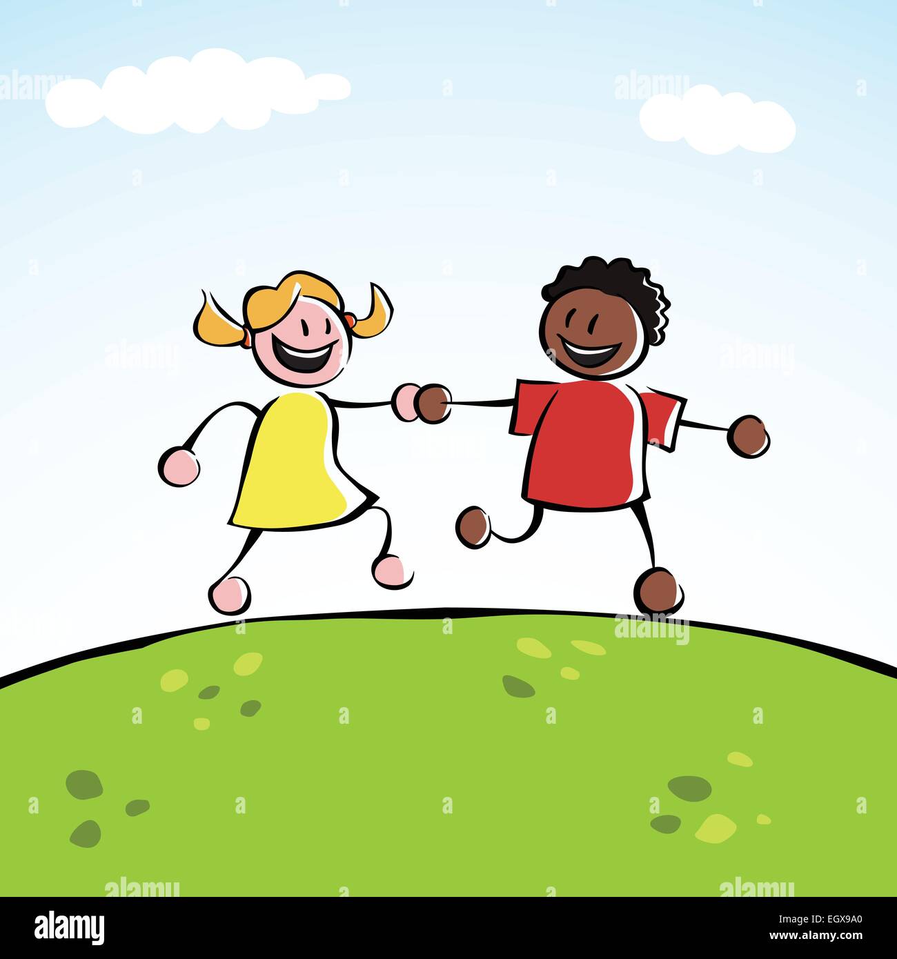 Two Kids Boy And Girl Holding Hands And Running On A Hill Stock Vector Image Art Alamy
