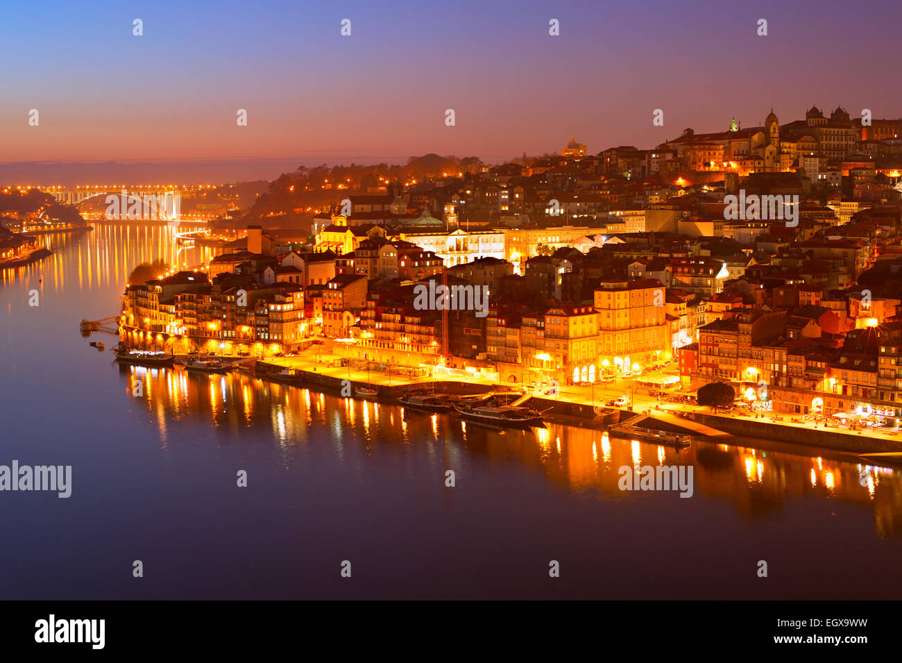 Romantic view of an Old Town of Porto at twilight, Portugal Stock Photo