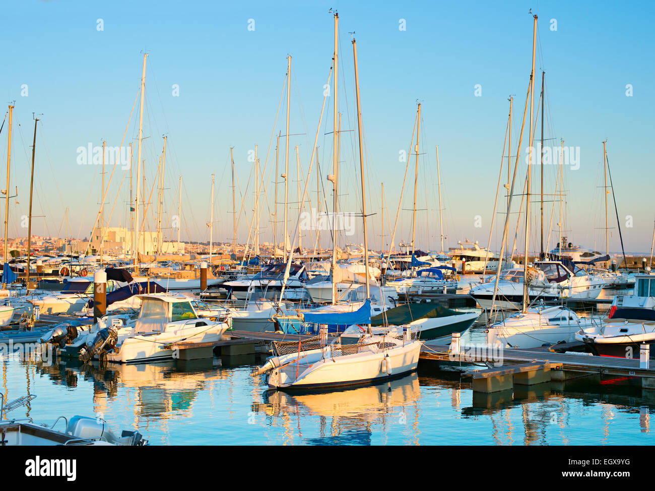 Yachts, sail boats and motorboats in marina of Cascais,  Portugal. Stock Photo
