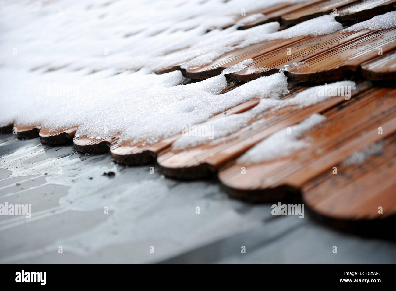 Spring concept shot with snow melting down on a roof tile Stock Photo