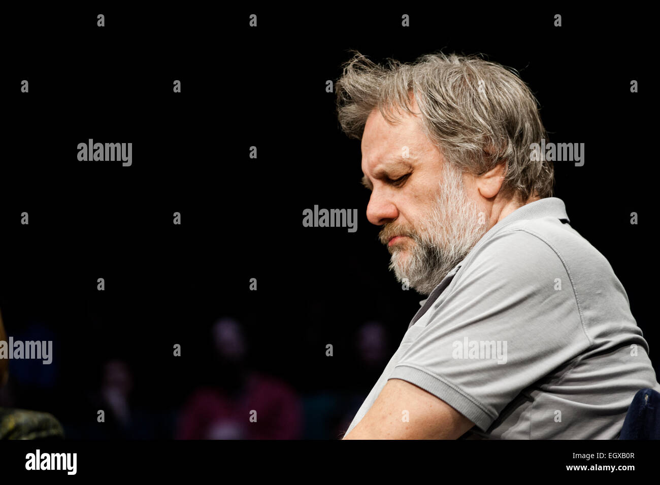 Slovenian philosopher Slavoj Žižek on discussion  'An evening with three philosophers'. Discussion was organized during literature festival Fabula in Ljubljana. Stock Photo