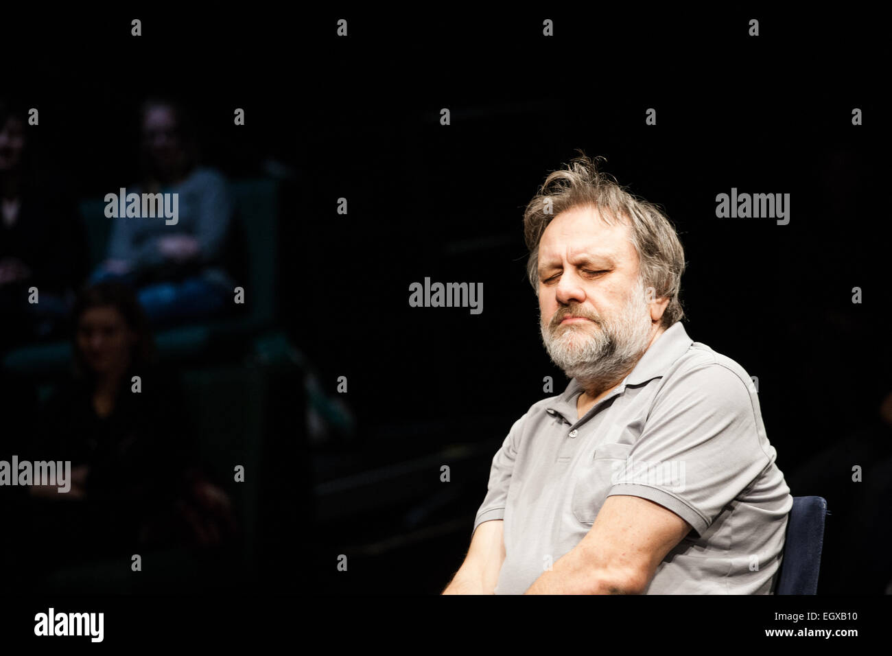 Slovenian philosopher Slavoj Žižek on discussion  'An evening with three philosophers'. Discussion was organized during literature festival Fabula in Ljubljana. Stock Photo