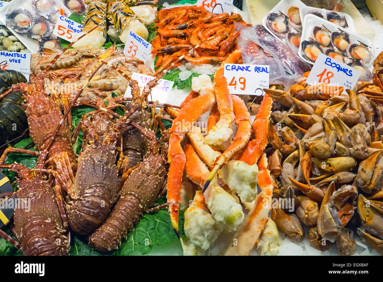 Shellfish for sale at the Boqueria market in Barcelona Stock Photo Alamy