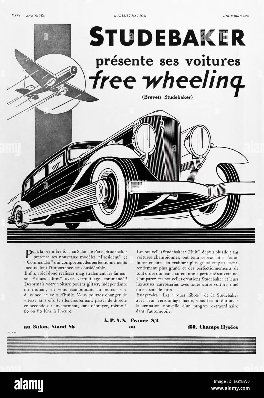 1930 advert for “Studebaker” car from French “L’Illustration” magazine. Stock Photo