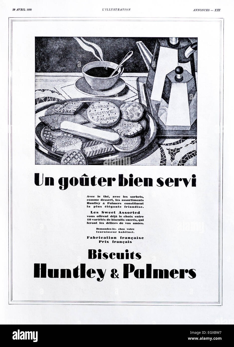 1930 advert for “Huntley & Palmers” biscuits from French “L’Illustration” magazine. Stock Photo