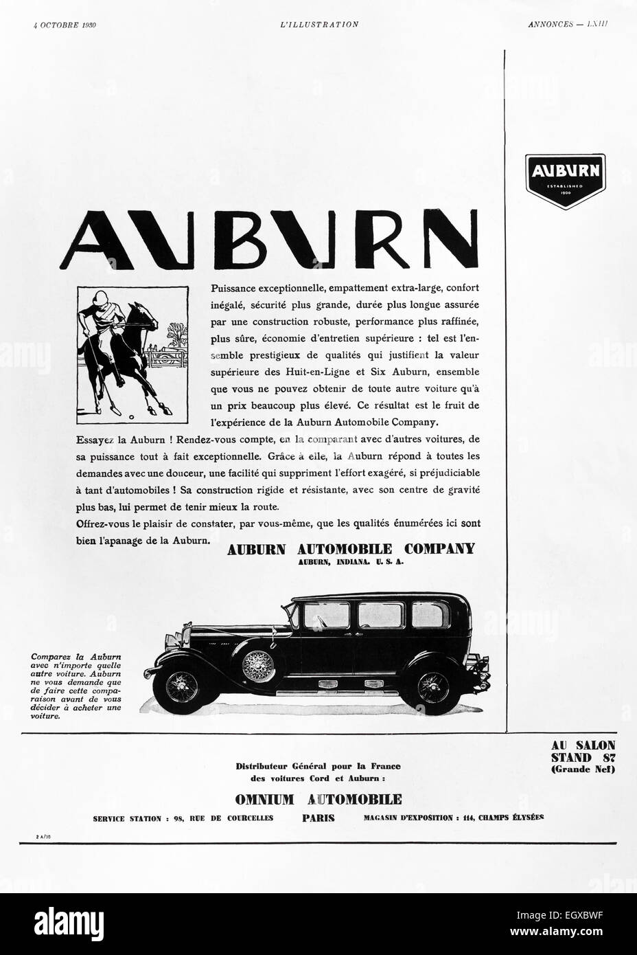 1930 advert for “Auburn” car from French “L’Illustration” magazine. Stock Photo