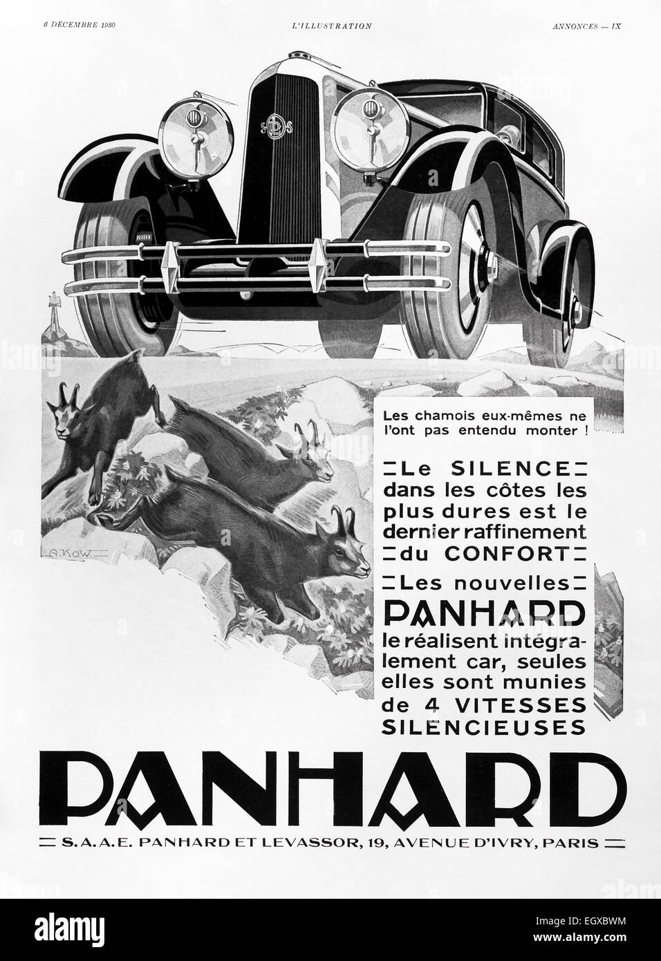 1930 advert for “Panhard” car from French “L’Illustration” magazine. Stock Photo