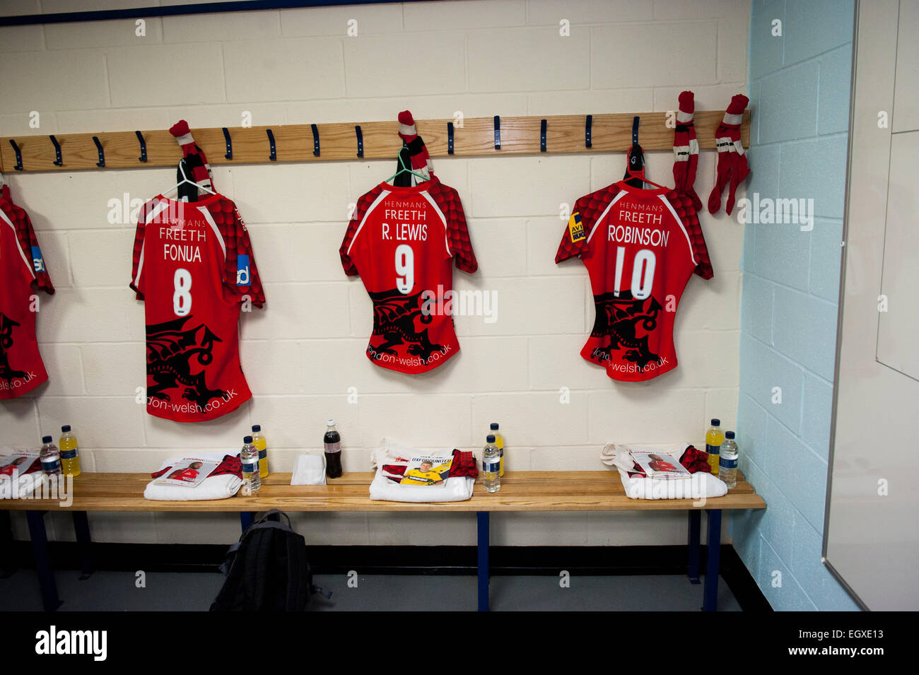 Shirts of London Welsh rugby in the dressing room before a match Stock Photo