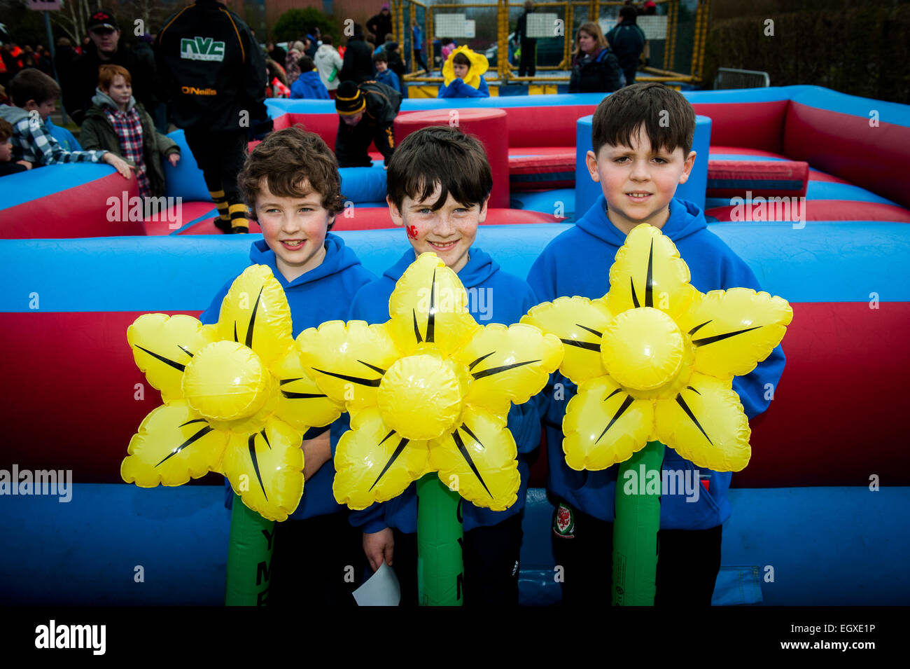 Kids with Welsh daffodils at London Welsh v London Irish Aviva Premiership Rugby match on St Davids Day (1 March 2015) Stock Photo