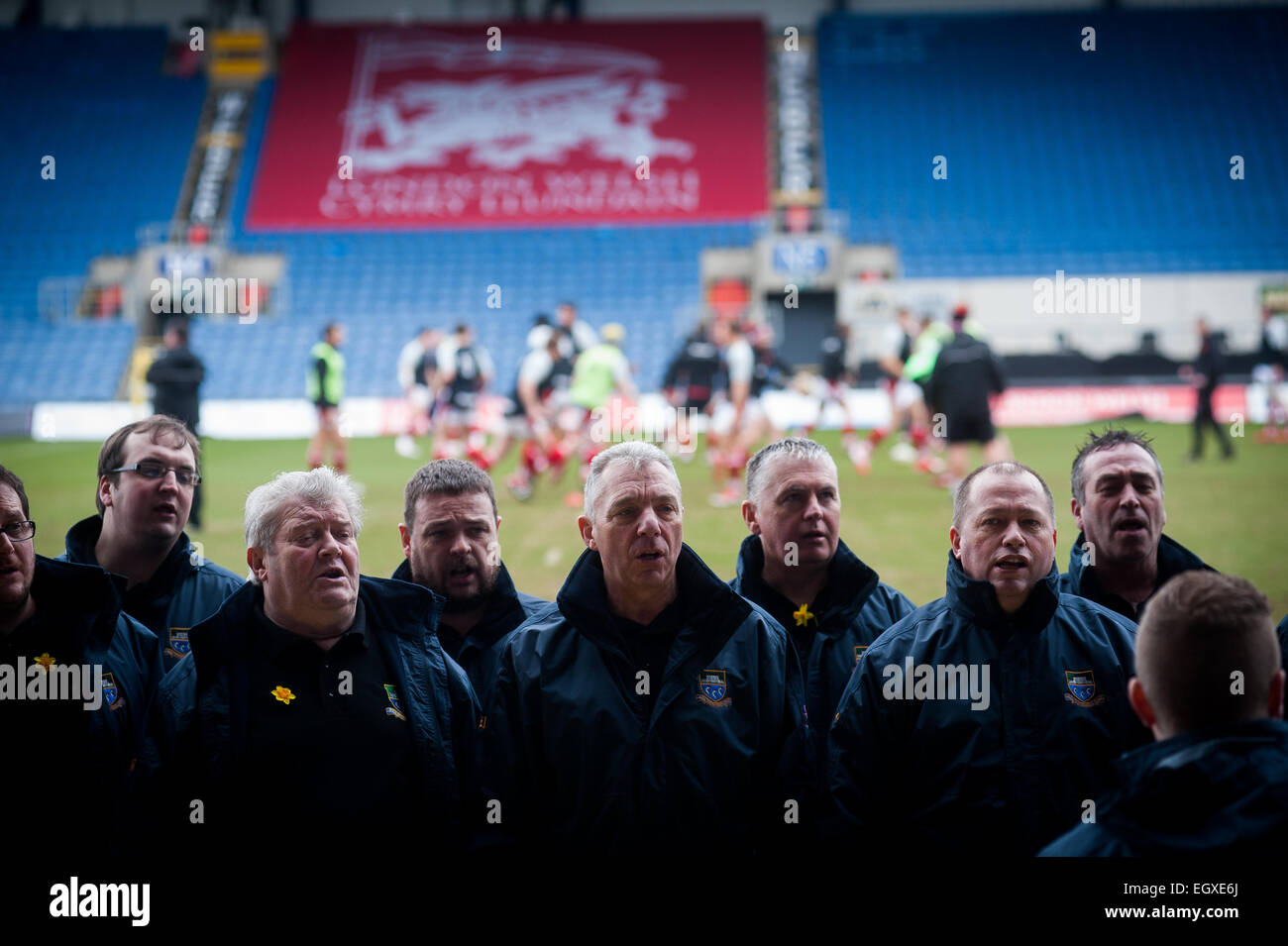 Welsh male voice choir at London Welsh v London Irish Aviva Premiership Rugby match on St Davids Day (1 March 2015) Stock Photo