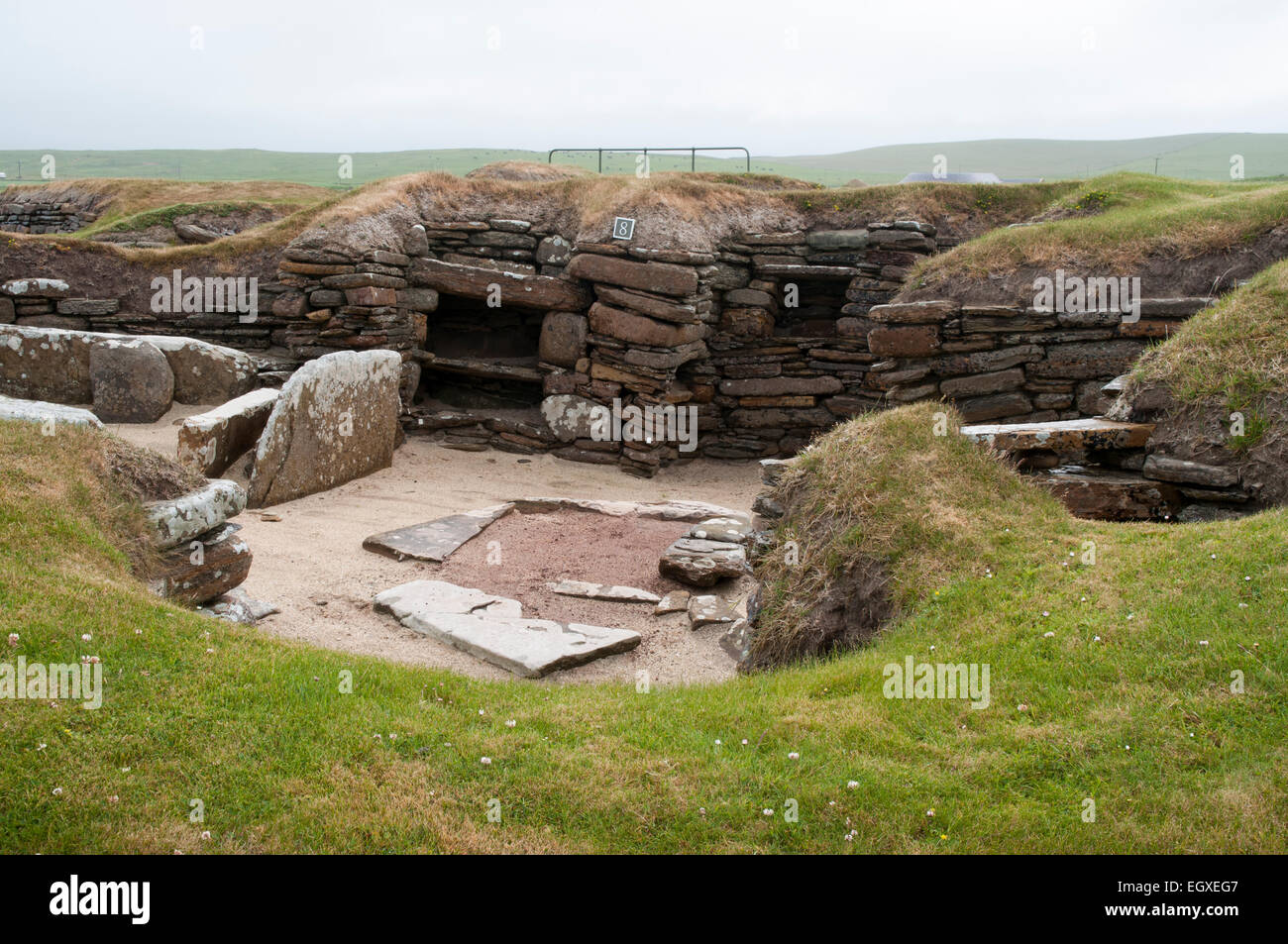 Skara Brae is a neolithic settlement on the nowadays Orkney Islands in Scotland and was occupied between 3180 and 2500 BCE. Stock Photo