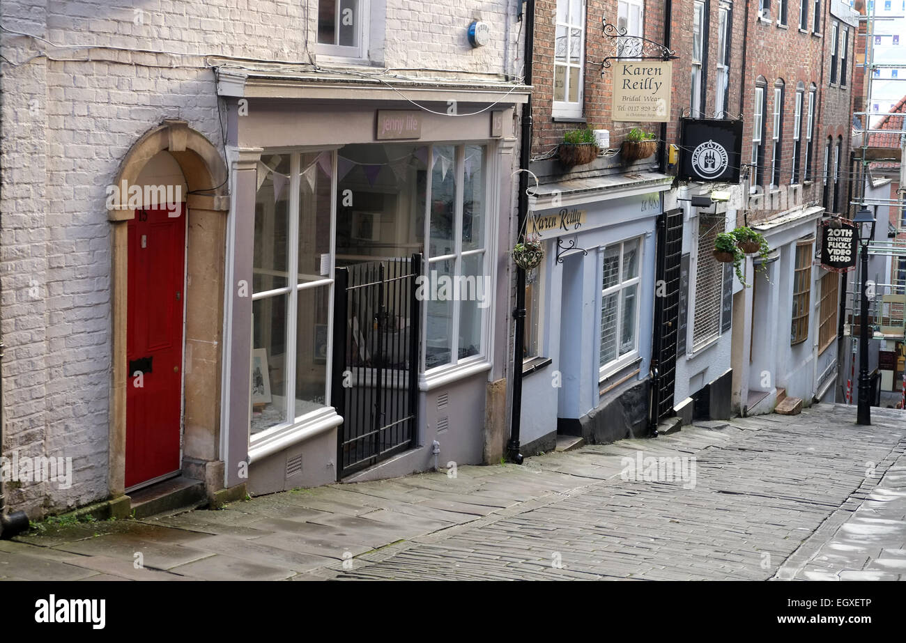 Shops on the well known Christmas Steps in Bristol. March 2015 Stock