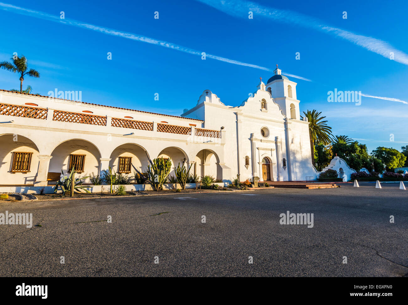 Mission San Luis Rey De Francia (founded 1798) illuminated by the rising Sun.  Oceanside, California, United States. Stock Photo