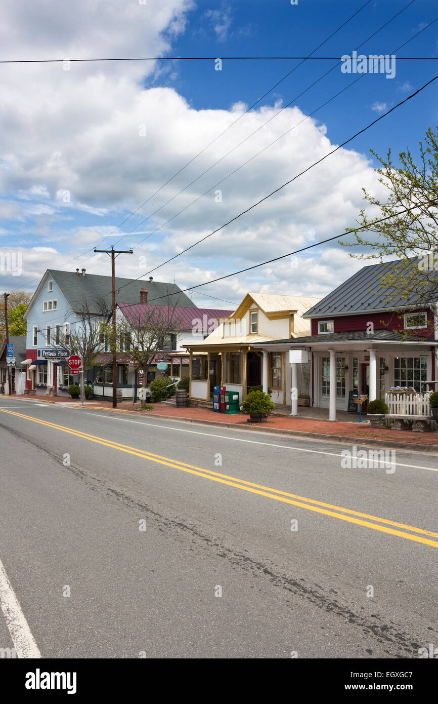 Main street in The Plains, Virginia with blue sky with clouds Stock