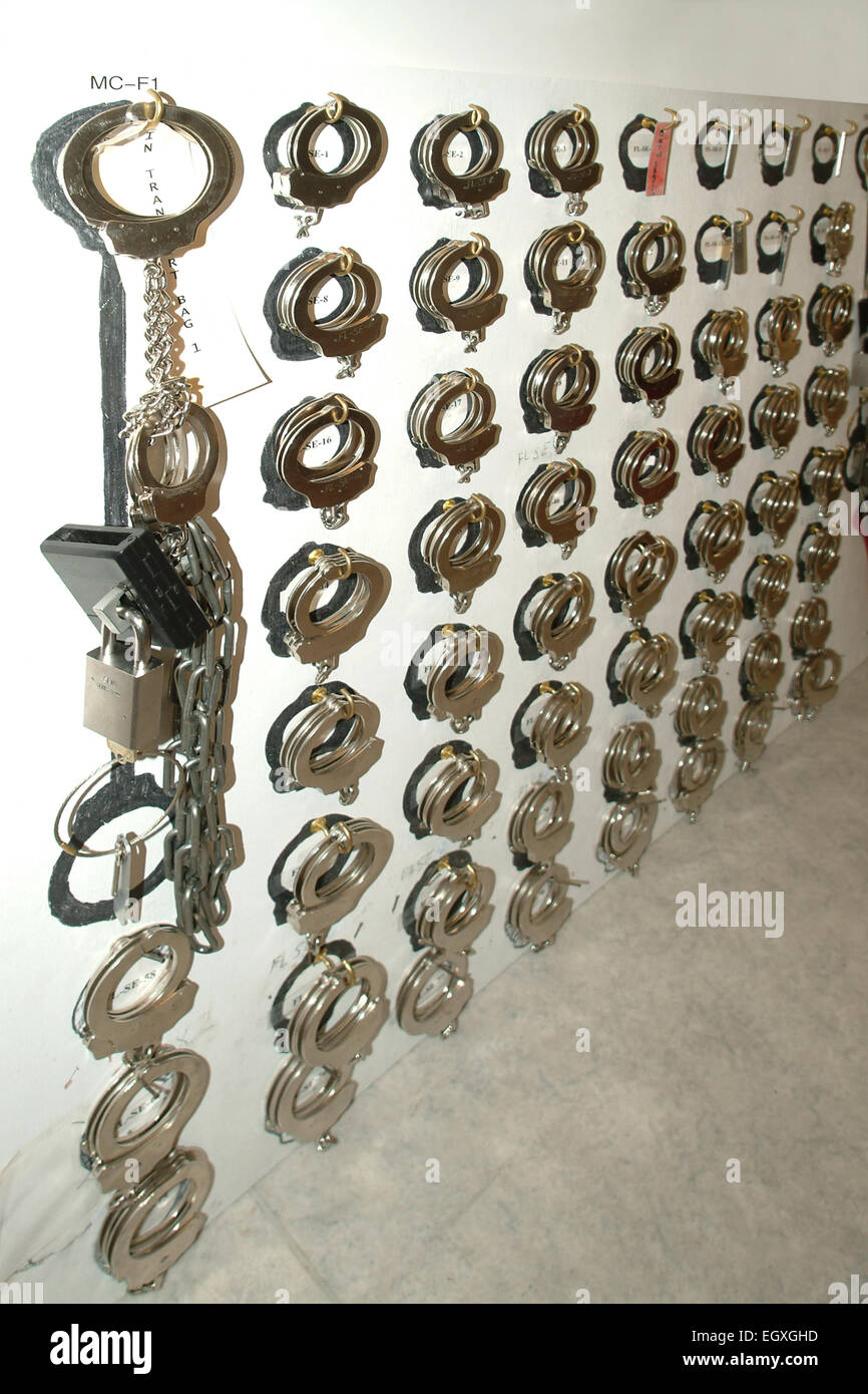 Collection of handcuffs, leg irons and other restraints at a prison Stock Photo